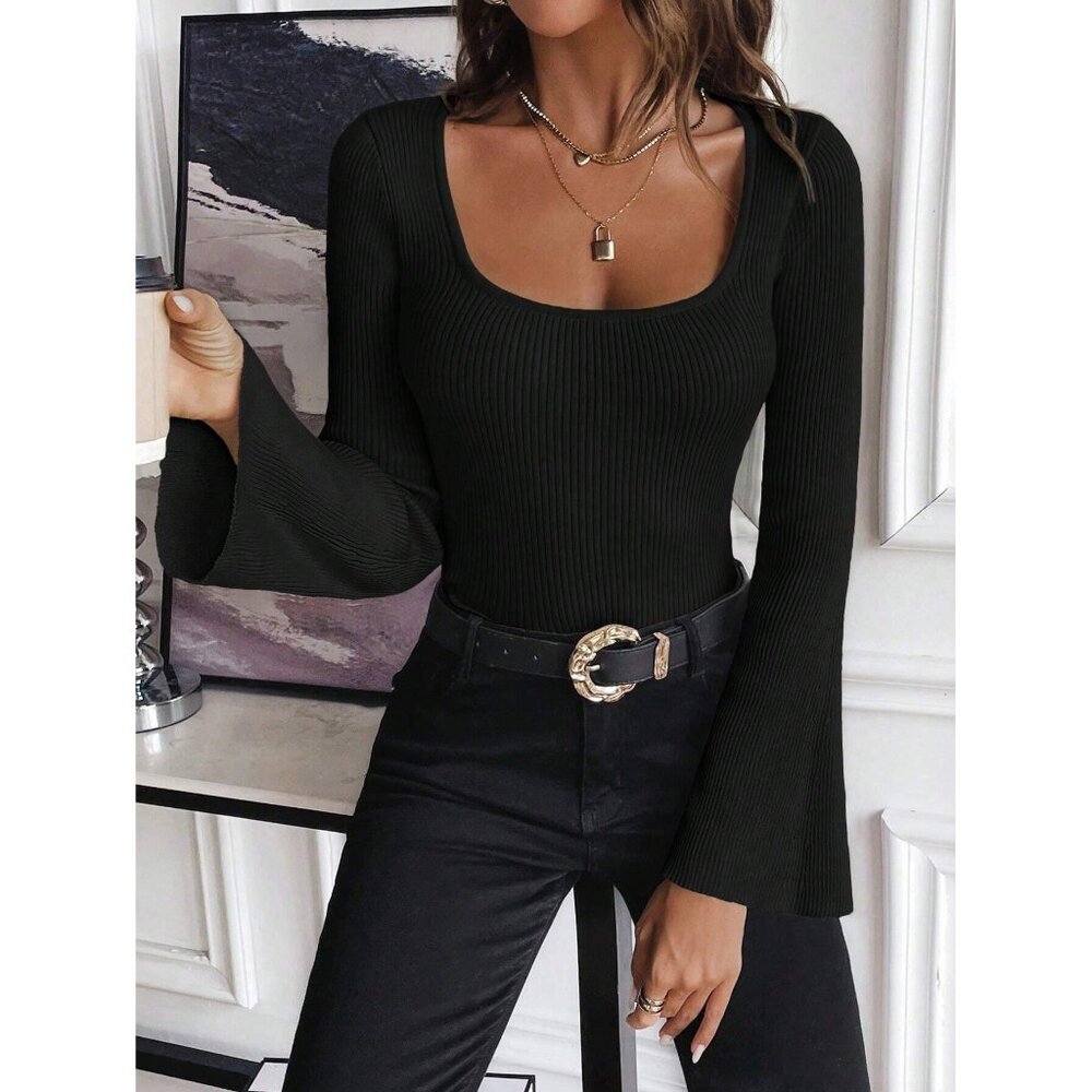 Beige square neck long sleeve top with ribbed texture fitted minimalist - Picture 2 of 2